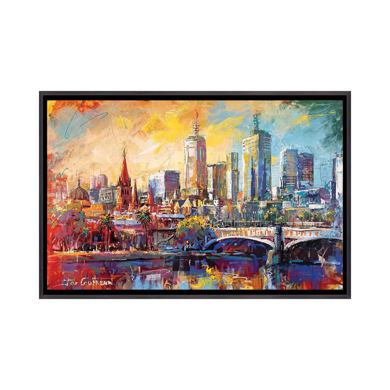 Reproduction d’art, "Melbourne Australia" par Jos Coufreur, H 24 po x l 40 po x P 1,5 po, Toile avec cadre noir patiné