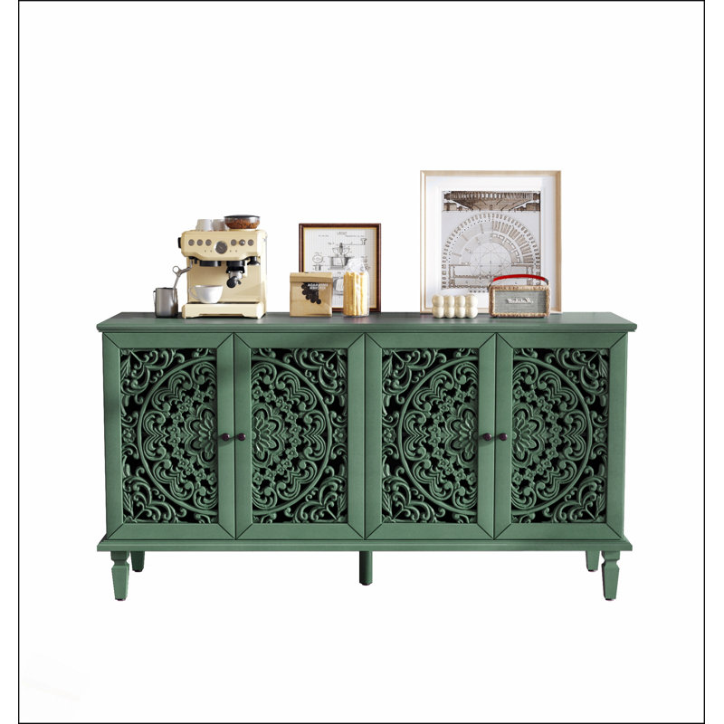 60-Inch Antique Buffet Cabinet with Floral Carvings, Solid Wood Legs, Brass Handles, and Adjustable Shelves for Versatile Storage and Display