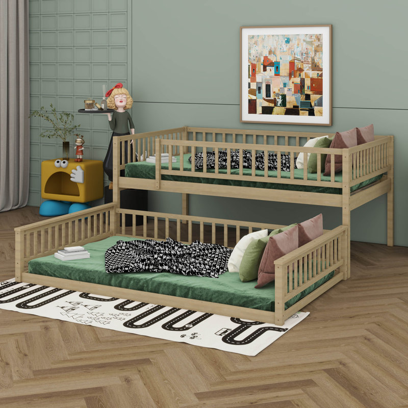 Queen Over Queen Bunk Bed With Ladder And Guardrails, Wood Bedframe With Solid Wood Suppor, Detachable Design, Walnut