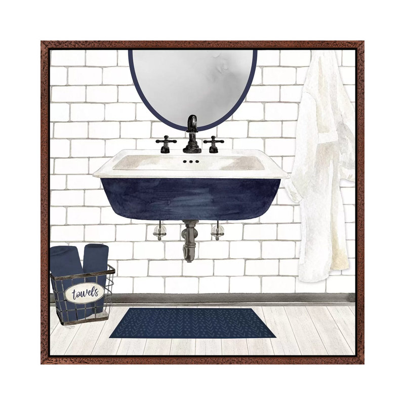 Farmhouse Bath II Navy-Sink 1 Piece Painting on Canvas, 93.98cm H x 93.98cm W x 3.81cm D, Classic Brown Wood Framed
