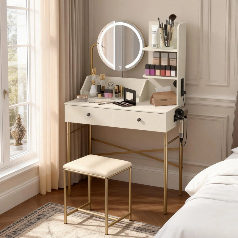 Makeup Vanity Set with LED Round Mirror, Vanity With Built-In Outlet and Two Drawers, Gold/White