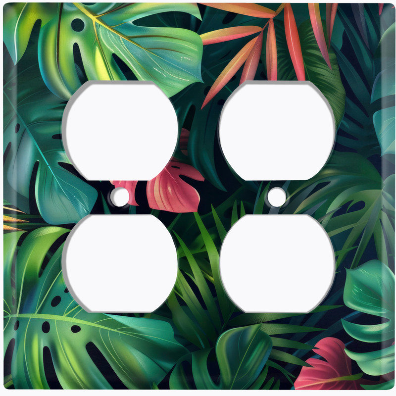 Couvercle de plaque d'interrupteur en métal; Taille US standard - feuilles tropicales, Prise double # 9