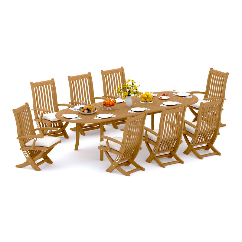 Ensemble de salle à manger 7 pièces en bois de teck de qualité A: table ovale à double extension de 118 po et 6 chaises à accoudoirs inclinables Warwick # 11Wa2606