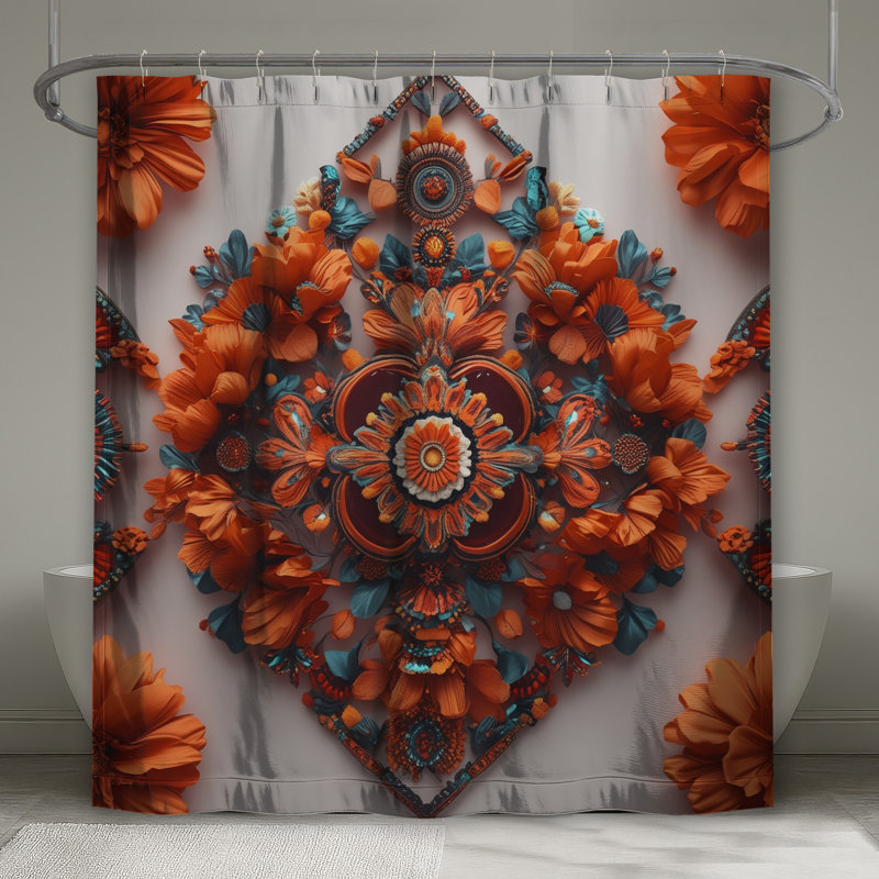 Rideaux de douche orange à motif floral extra longs, L 70 po x H 93 po