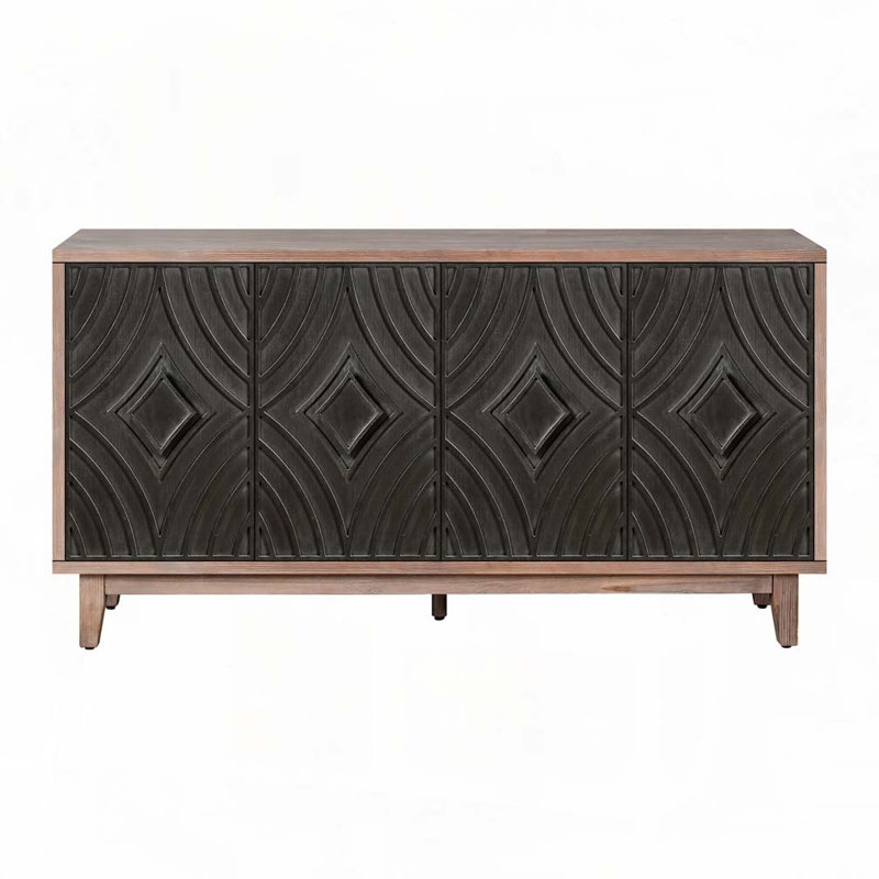 Crédence d'armoire de cuisine 60 "avec 4 portes en losange à motif convexe et 2 tablettes, Noir antique
