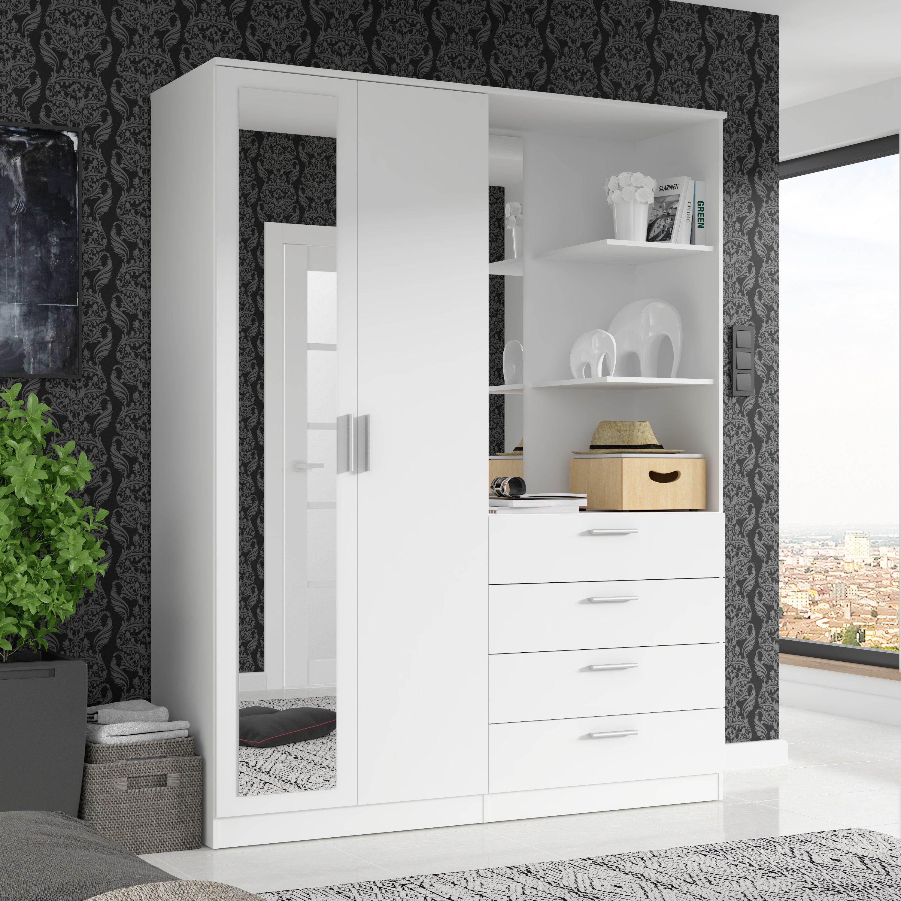 17 Stories White Wardobe with shelves and clothes rail, 159cm W x