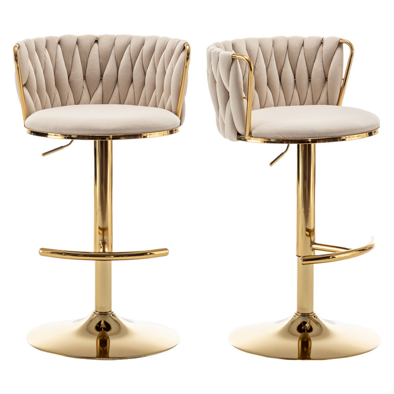 Velvet Bar Stools Set Of 2, Counter Height Bar Chairs With Low Back, Gold Swivel Bar Stools For Kitchen Island, Bar Pub, Gold
