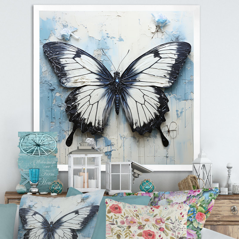 «Urban Butterflies Graffiti Accents II», reproduction sur toile, Cadre simple blanc, H 16 po x l 16 po x P 1 po