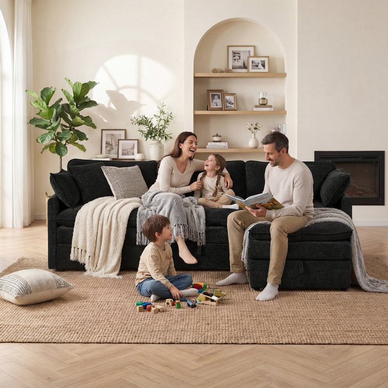 Canapé modulaire en L en chenille de 103 po à 4 places avec sièges de rangement Greer, Chenille noir