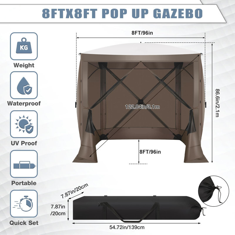 6x6FT Camping Gazebo Screen Tent,  Sided Pop-up Canopy Shelter with Mesh Windows, Brown
