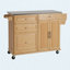Îlot de cuisine intérieur en bambou avec plateau en acier inoxydable - Chariot mobile avec tiroirs, armoire et porte-serviettes pour la salle à manger et le bar
