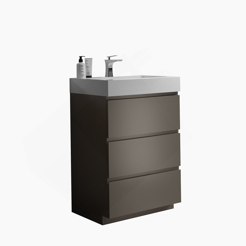 Meuble-lavabo autoportant avec grand lavabo et rangement, Gris, 24", Blanc
