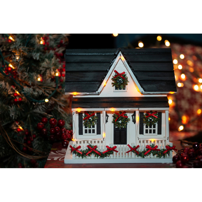Holiday White and Black LED Light Birdhouse with Wreaths