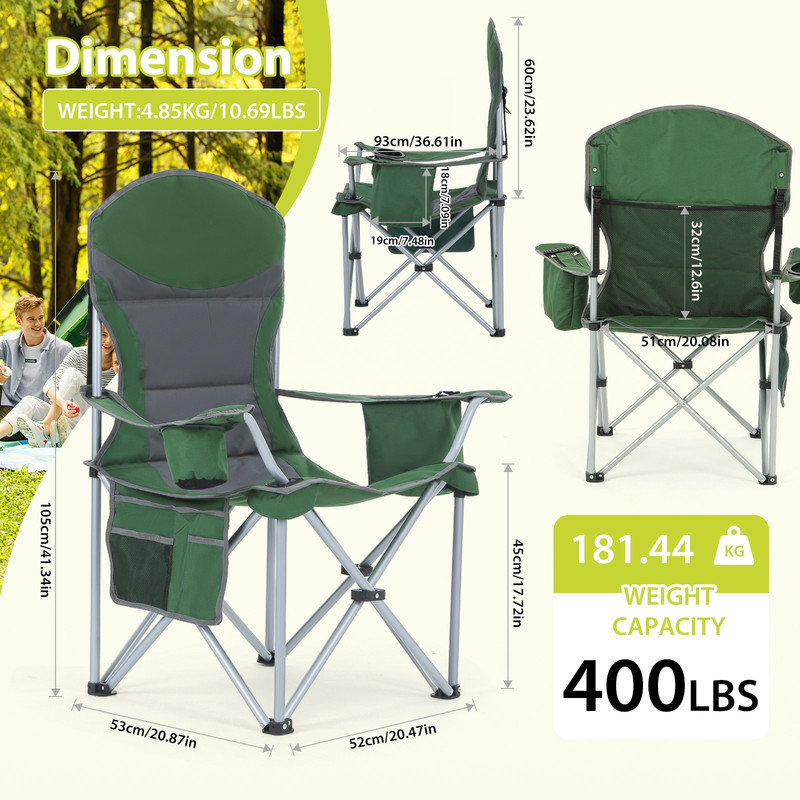 Outdoor Camping Chair, Portable Chair with Armrests, Cooler, Cup Holder & Storage Bag, Lightweight, Heavy Duty for Camping (Green 1 Pack)