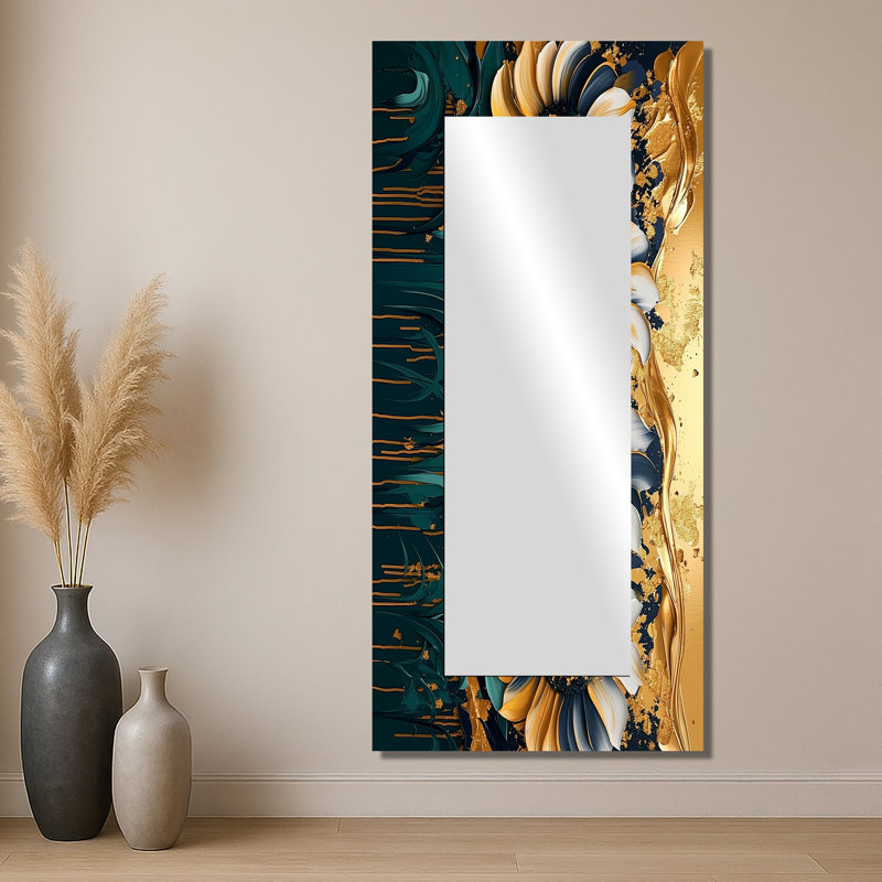 Champ de fantaisie champ de tournesols émeraude - Art mural miroir floral - imprimé sur métal, 28 po x 60 po
