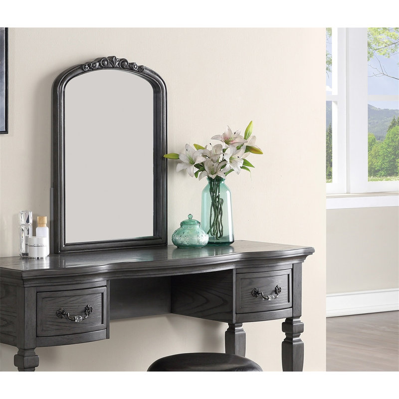 Bedroom Classic Vanity Set Wooden Carved Mirror Stool Drawers Antique Grey Finish, Gray