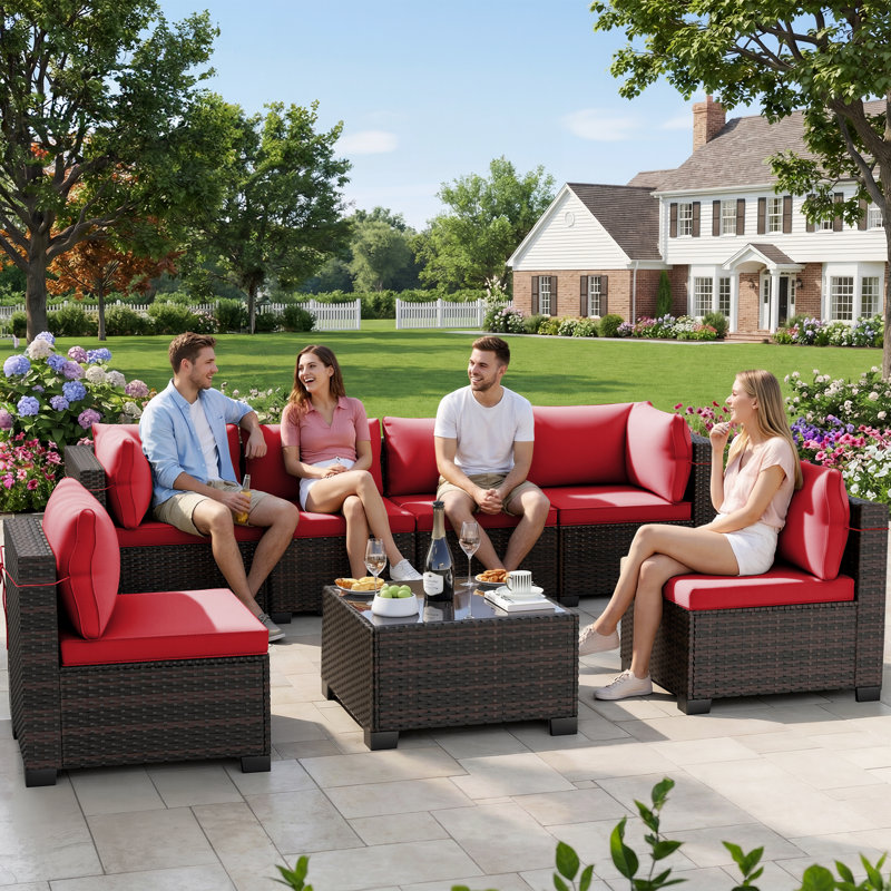 7-Piece Patio Conversation Sets, Outdoor Rattan Wicker Sectional Sofa with Tea Table & Cushions, Red