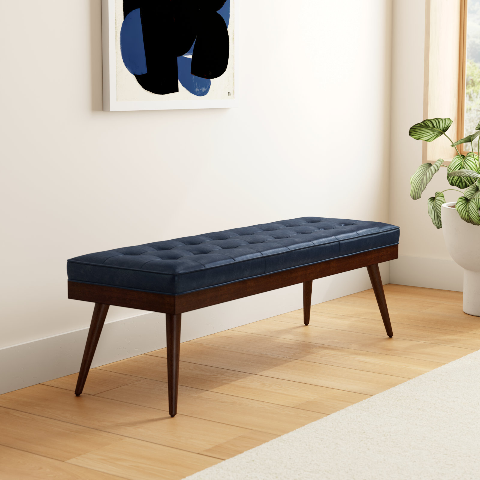 Luca 55" Genuine Leather Entryway Bench, Midnight Blue