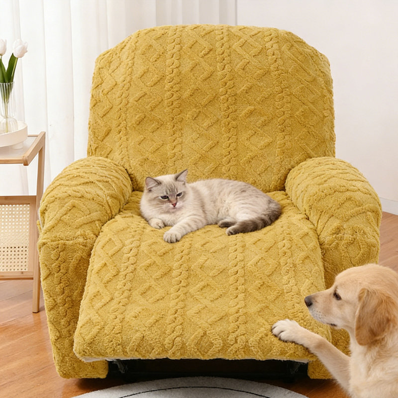 4-Piece Recliner Cover Set, Geometric Jacquard Plush Slipcover with Anti-Slip Bottom – Soft Fuzzy Furniture Protector for Sofa & Recliner, Pet and Kid Friendly (Fits up to 22" Seat)
