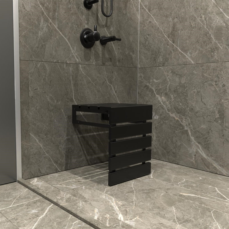 Folding Wall Mounted Teak Wood Handmade Shower Seat, Black