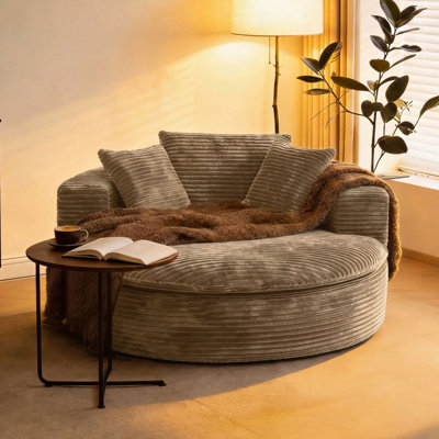 Canapé-lit 59 po surdimensionné rond 59 po | Revêtement en velours côtelé moderne avec rembourrage en mousse, aucun assemblage requis, convient pour la chambre à coucher, canapé rond confortable pour les petits espaces, tissu avec mousse à mémoire de forme, coussin kaki