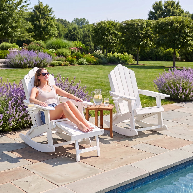 Chaise berçante pliante en PEHD Adirondack avec repose-pieds, porte-gobelet et base amovible, White