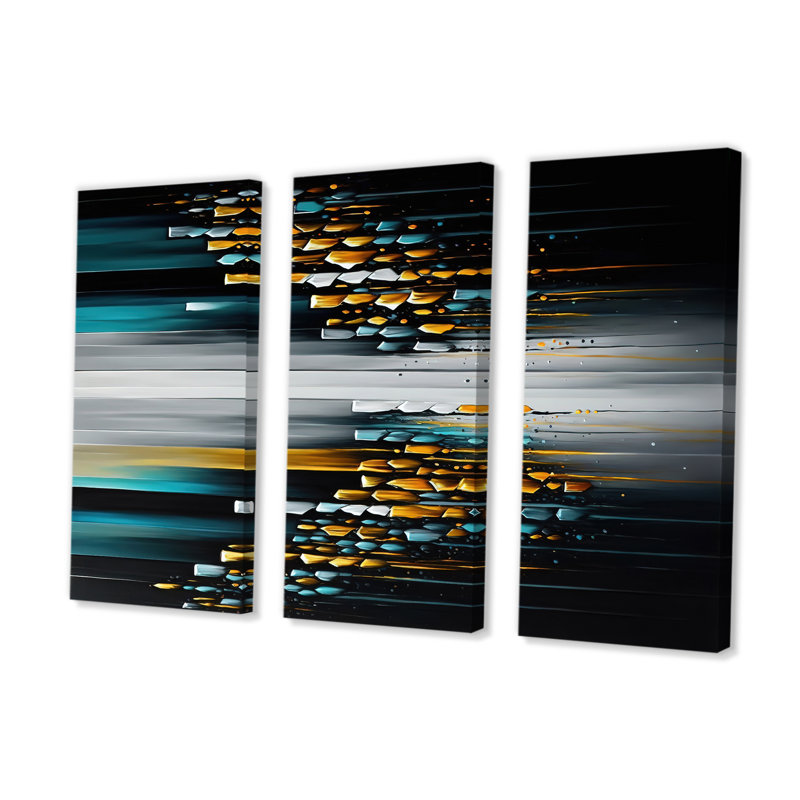 Abstrait géométrique noir et vert V - 3 pièces sur toile, H 28 po x l 36 po x P 1 po, Toile tendue