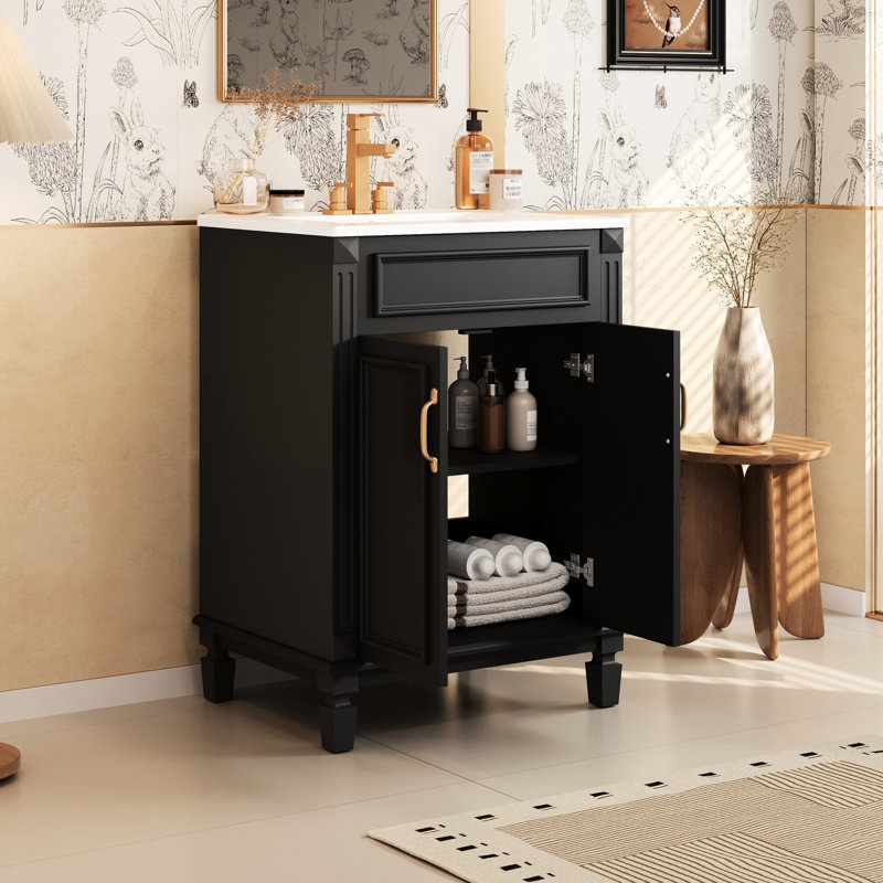 Meuble-lavabo de 24 pouces avec planches, style rétro et deux portes, pour optimiser le rangement du bassin en céramique brillante, charnières, poignée en métal exquis, organisation moderne