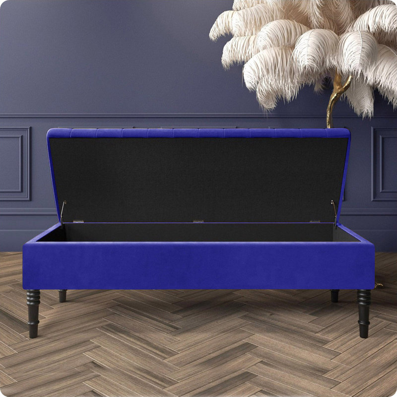 Safar Striped Ottoman Storage Bench – Upholstery Plush Velvet Shoe Bench with Black Turned Wooden Legs, Sapphire Blue