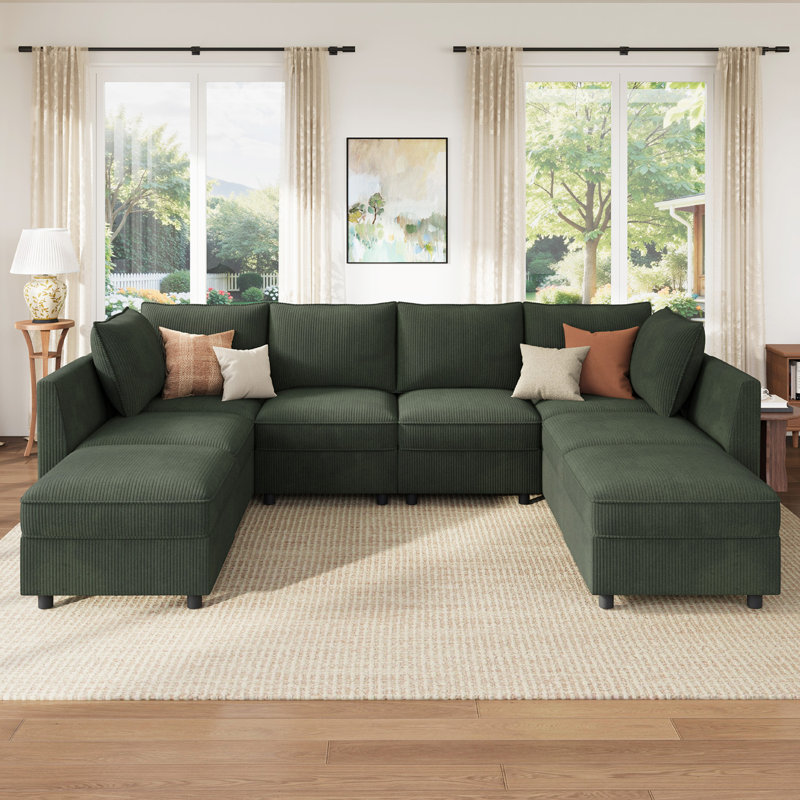 Tremee U Shaped Modular Sleeper Sofa Sectional Sofa With Storage Green, Green Corduroy