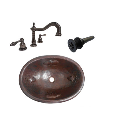 19" Oval Copper Bath Sink With Bear Design, Faucet & Daisy Drain Included