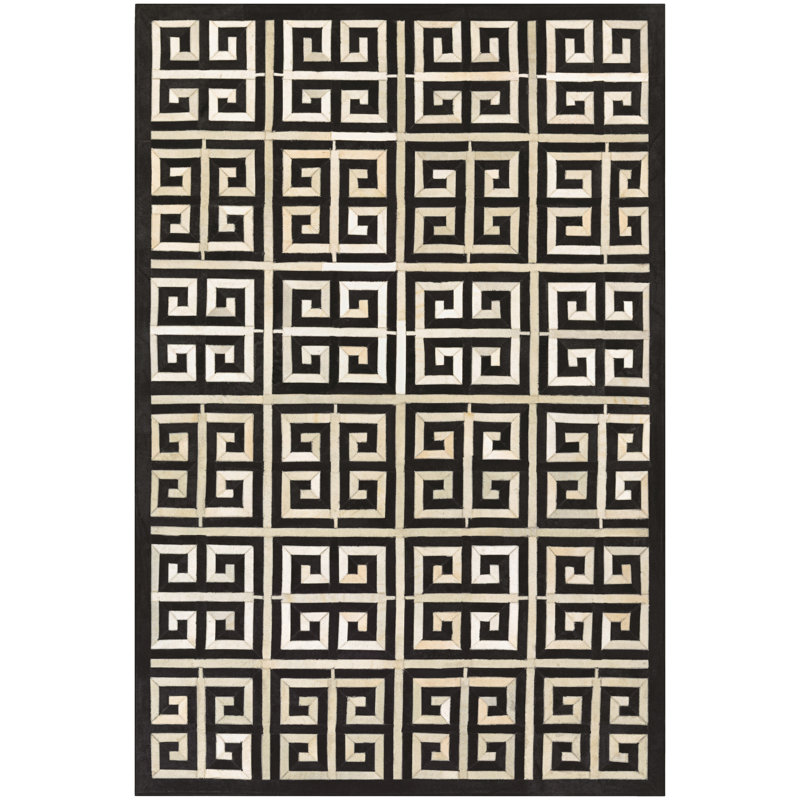 Haseeb Geometric Black Ivory Handmade Cowhide Rug, Rectangle 2' x 4'