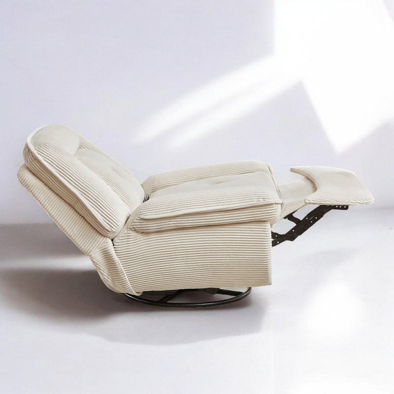 Upholstered Corduroy Armless Swivel Convertible Manual Recliner Chair, Beige