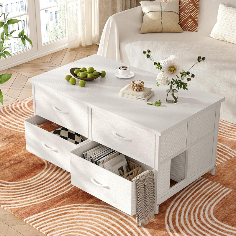 Table basse avec rangement et roulettes, table centrale moderne avec tiroir en tissu et espace caché - Blanc
