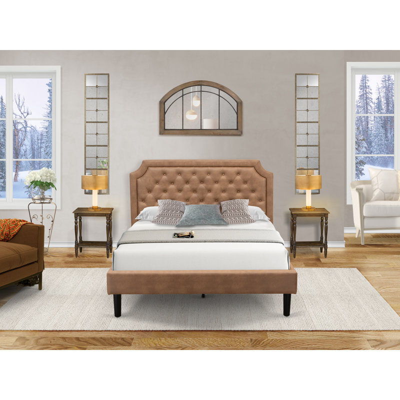 3-Pc Wooden Set for Bedroom with Button Tufted Queen Size Frame and 2 Distressed Jacobean Mid Century Nightstands - Brown faux Leather with Brown Texture and Black Legs