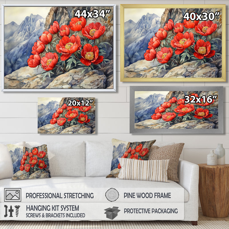 Pe pivoines par Cliffside II - pivoines, art mural sur toile, Impression encadrée flottante, H 16 po x l 32 po, Doré