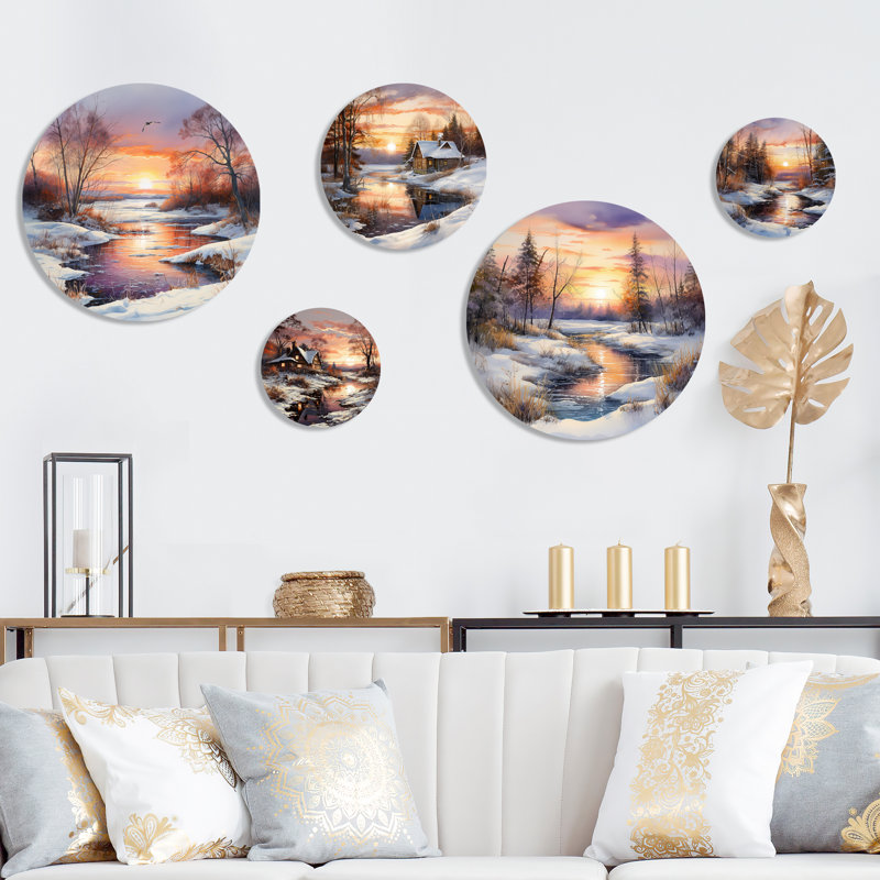 Sunrise Charm in Winter - Sunrises Sunset, ensemble d'art mural rond de 5
