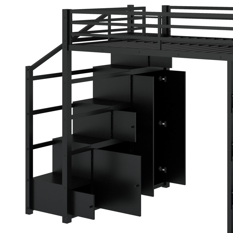 Full Size Metal Loft Bed With Shelves And Wardrobe