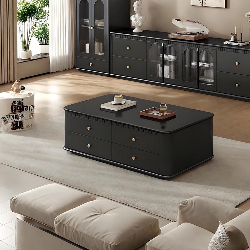 Table basse style français avec verre nervuré, H 16,53 po x L 47,24 po x l 23,62 po, Noir