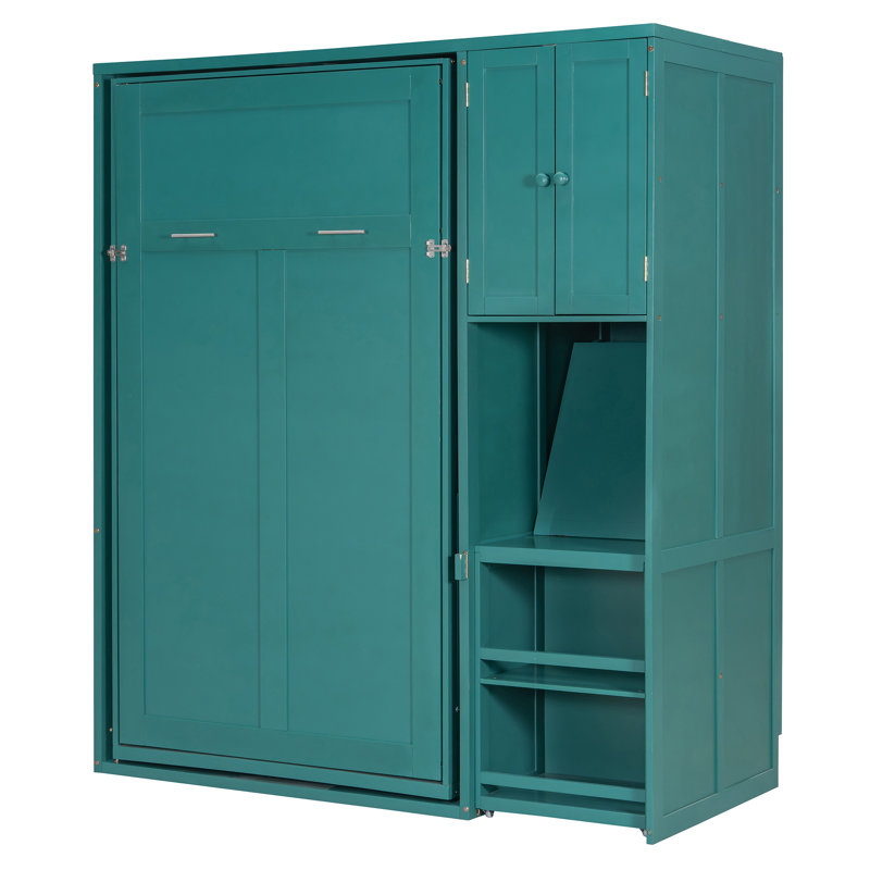 Lit escamotable avec bibliothèque, bureau extensible et rangement Nyxen, Sarcelle