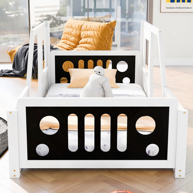 Classic Car-Shaped Platform Bed with Wheels, Twin, White