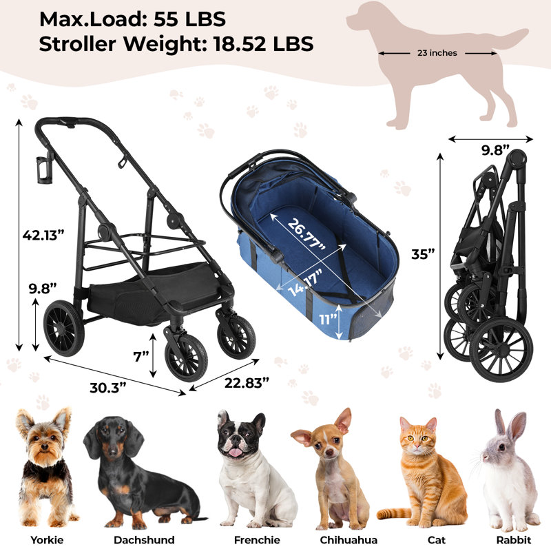 Pirecart 4-wheel Stable Pet Stroller For Medium Dogs/ Cats (55lbs Max) -3-in-1 Convertible Design With Removable Carrier & One-click Folding Mechanism