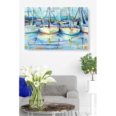 Boats Packed Tightly Into Harbor, Dock, Fishing Boats, Sailing, Painted Print, Water, Reflection, Blue, Orange, Green, White, Purple, Indigo, Teal, Cyan