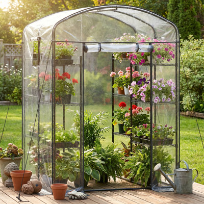 57" Walk-In Garden Greenhouse with Adjustable Shelves, Space-Saving Design, Heavy-Duty Steel Frame and PVC Cover for Plants, Flowers & Vegetables