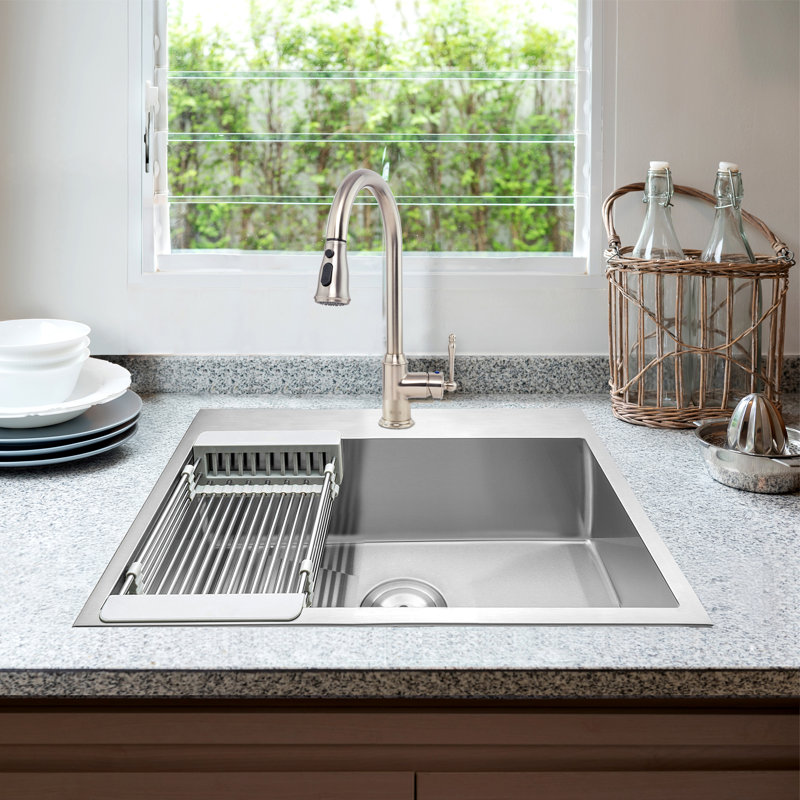 Drop-In 25-in x 22-in Brushed Stainless Steel Single Bowl 1-Hole Kitchen Sink All-in-one Kit