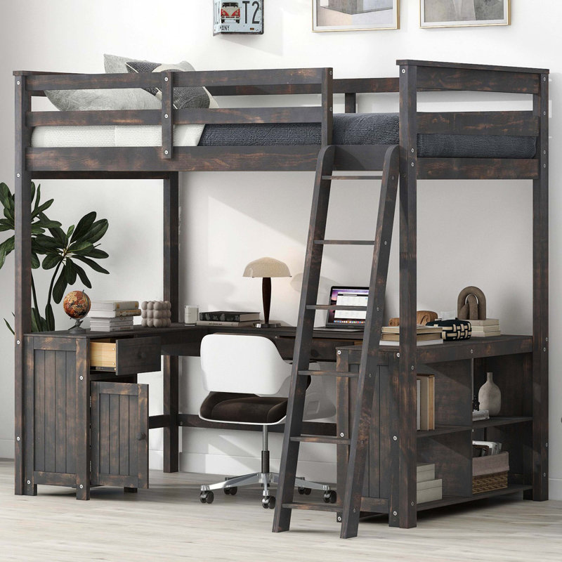 Lit mezzanine double avec bureau en U, tiroirs et tablettes de rangement, brun antique