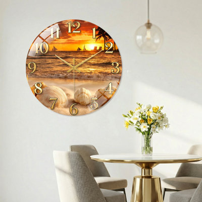 Sunset Beach Modern Decorated Glass Wall Clock Home Decor Art-15.7"