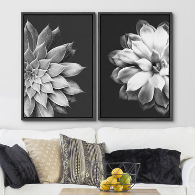 Black And White Succulent - Botanical Floral Neutral Pictures Wall Art Framed Canvas 2 Pieces Print