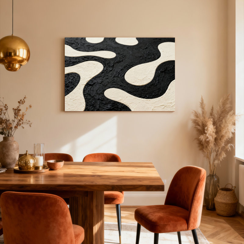 Abstrait noir et crème à motif de vagues tendues sur toile tendue sur toile, ensemble de 1, H 24 po x l 36 po