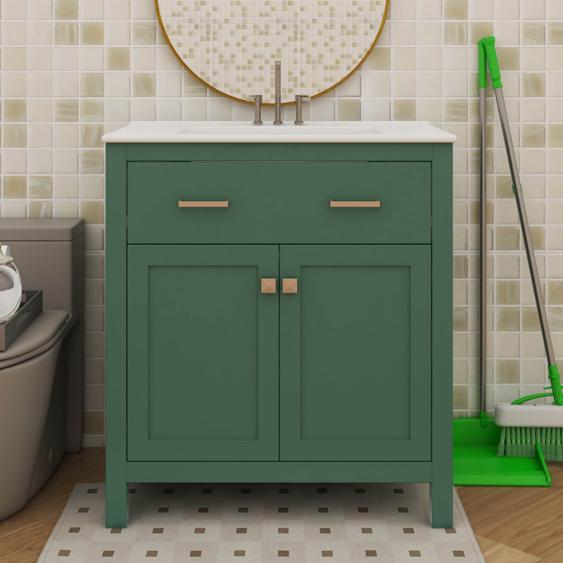 Meuble-lavabo de 30 po avec lavabo intégré et tiroir inclinable, Vert, Doré